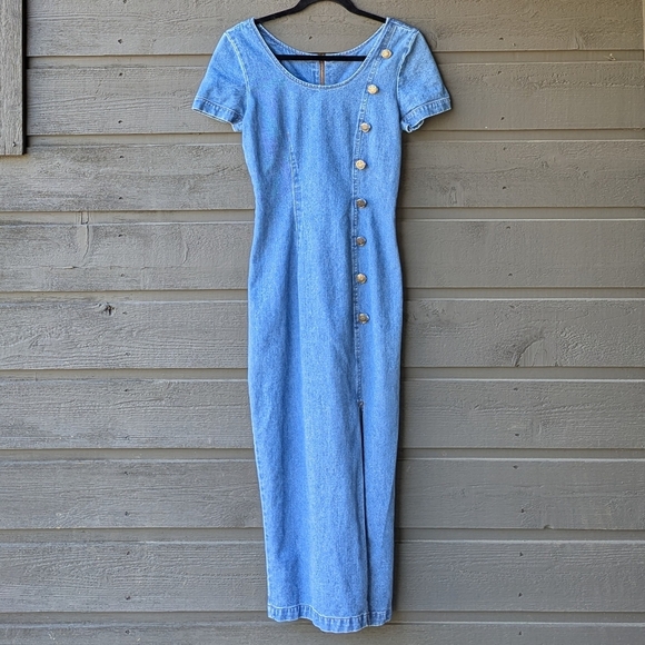 VTG 80s No Boundaries! Denim Bodycon Maxi Dress Size 3/4 - Picture 1 of 10
